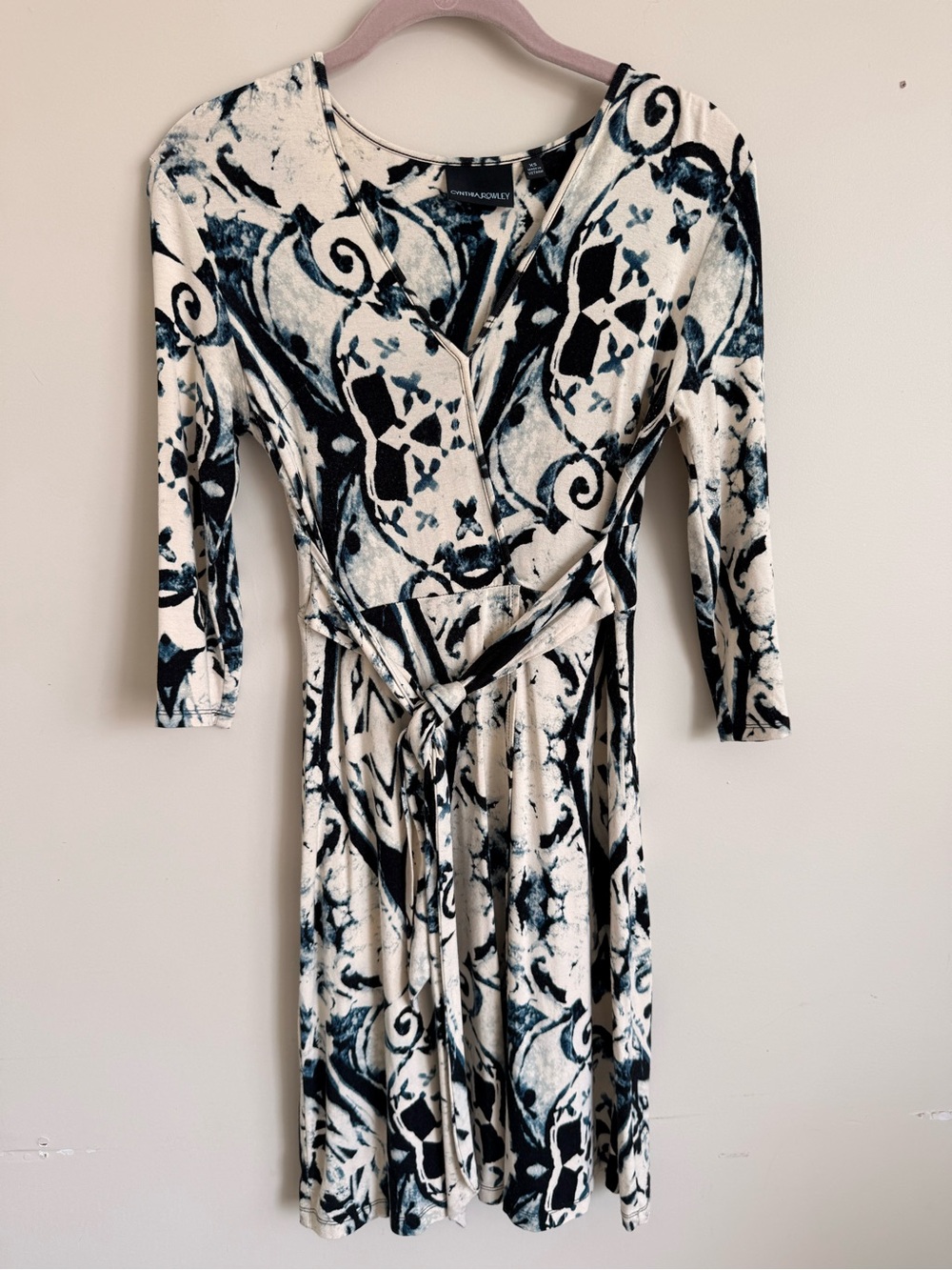 Cynthia Rowley Cream Wrap Dress with Black & Teal Print